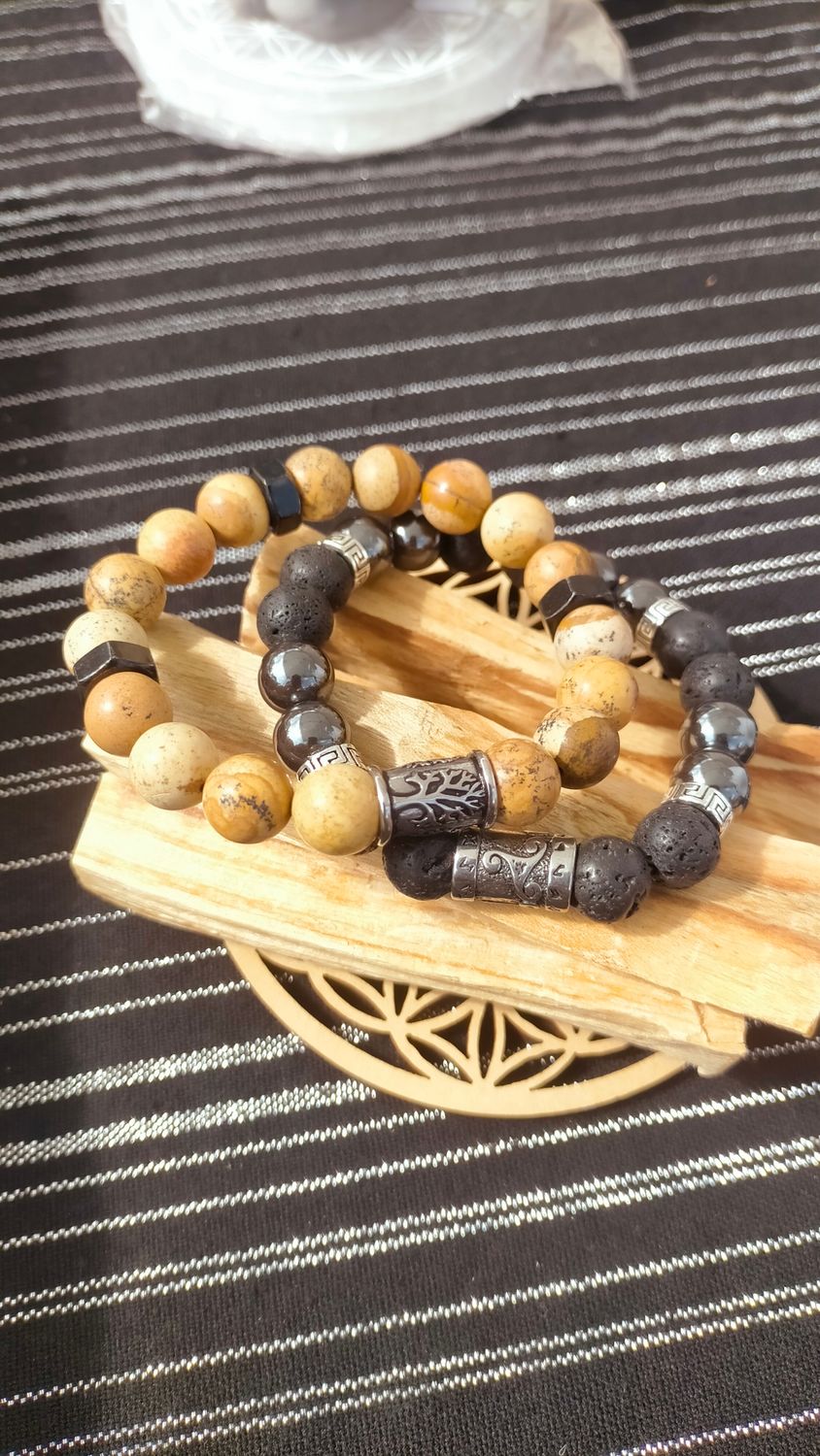Pierre de lave &amp; Hématite 10 mm Triskel
