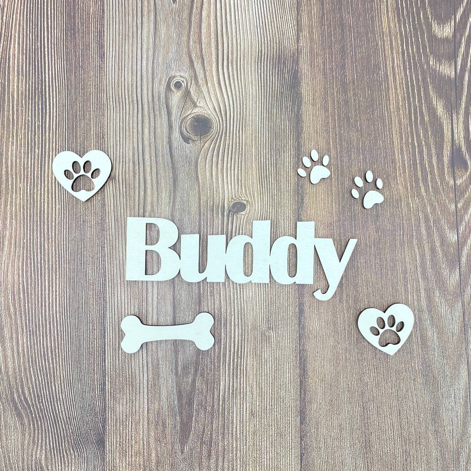 Hunde Namensschild mit Pfoten und Knochen aus Holz