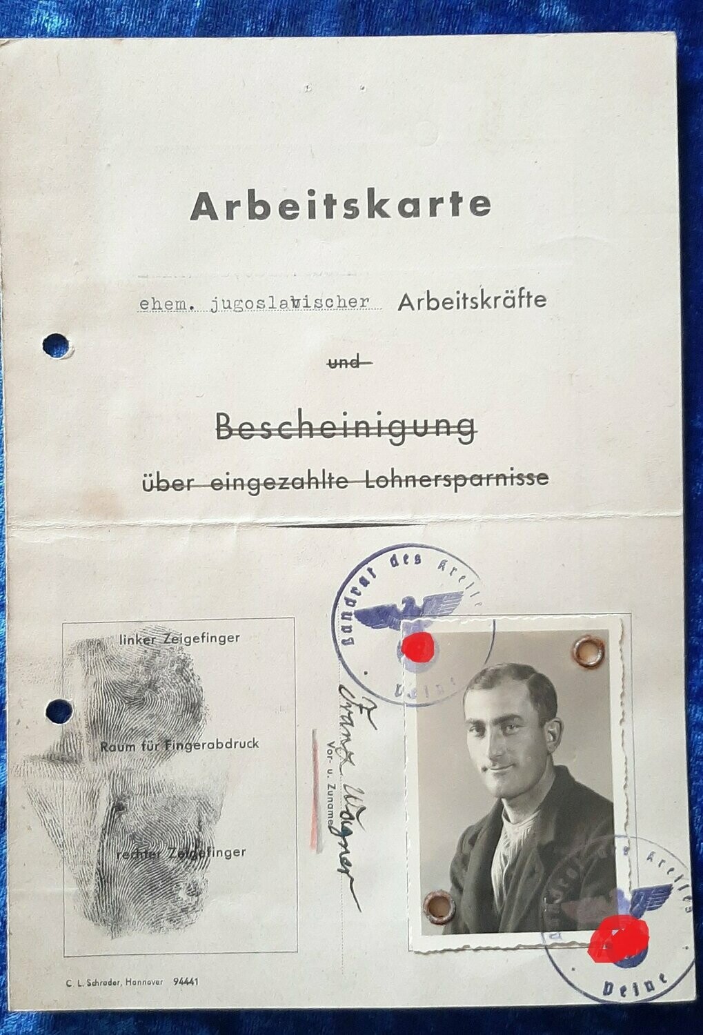 Arbeitskarte für ehemals jugoslawische Arbeiter bei der Reichsbahn