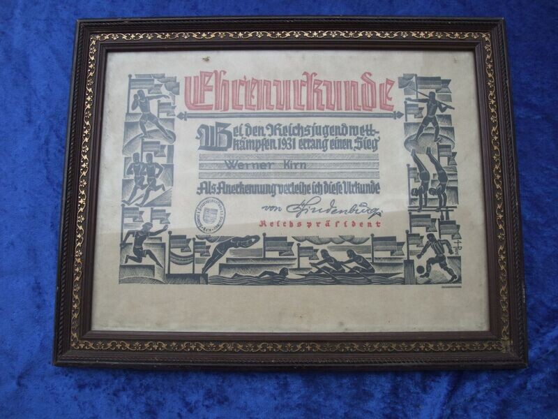 Ehrenurkunde Hindenburg Reichsjugendwettkämpfe 1931