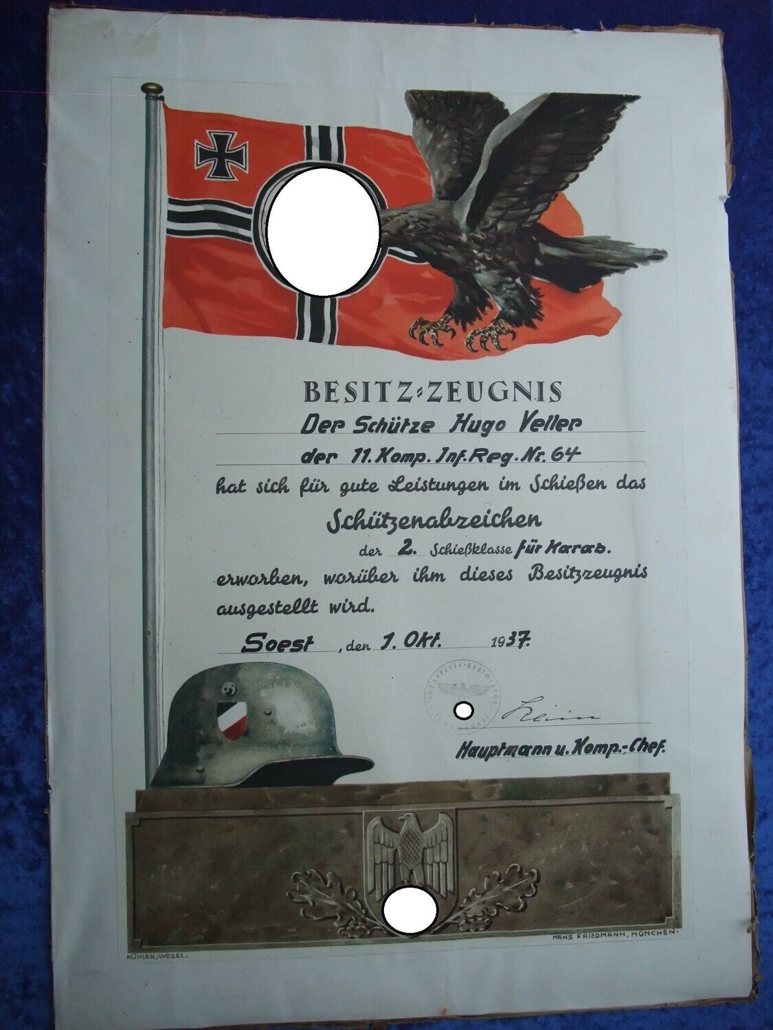 Schmuckurkunde Besitzzeugnis Schützenabzeichen 2. Klasse für Karabiner Infanterie Regiment 64