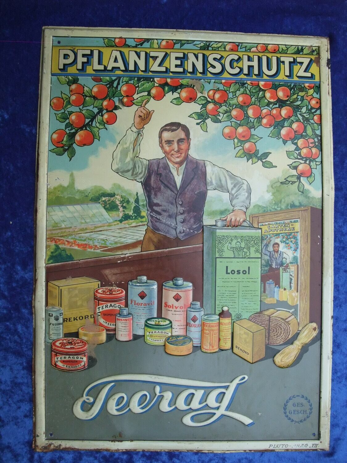 Werbeschild Blechschild Teerag Pflanzenschutz Prag, 37,1 x 25,3 cm