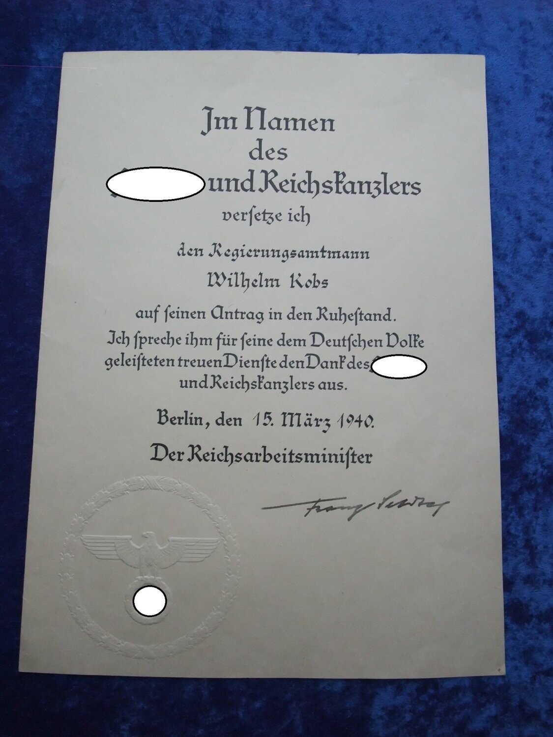 Urkunde mit OU Reichsarbeitsminister Franz Seldte Autograph