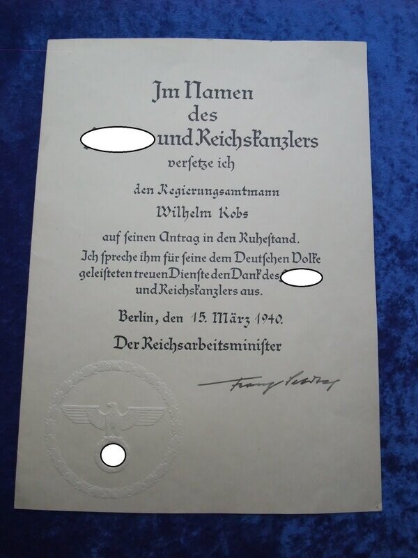 Urkunde mit OU Reichsarbeitsminister Franz Seldte Autograph