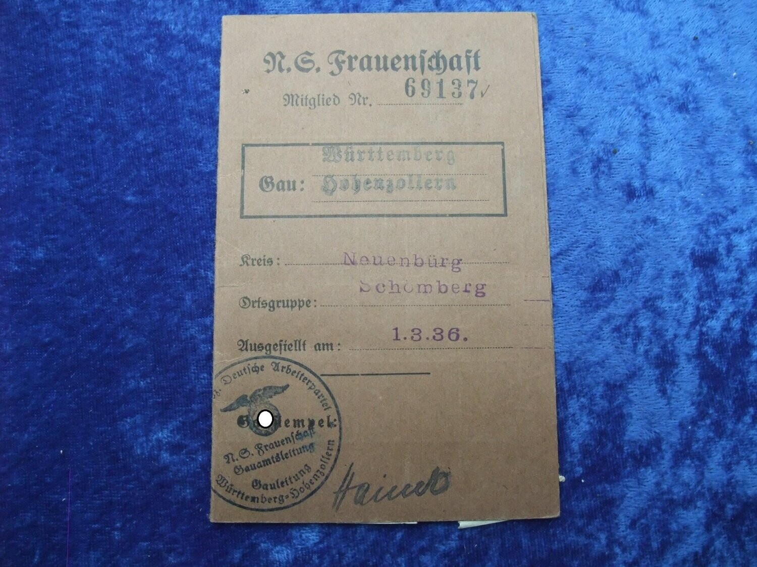NS Frauenschaft Mitgliedskarte Neuenbürg Schömberg Württemberg