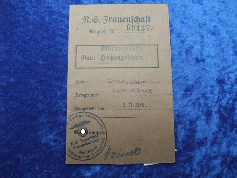 NS Frauenschaft Mitgliedskarte Neuenbürg Schömberg Württemberg