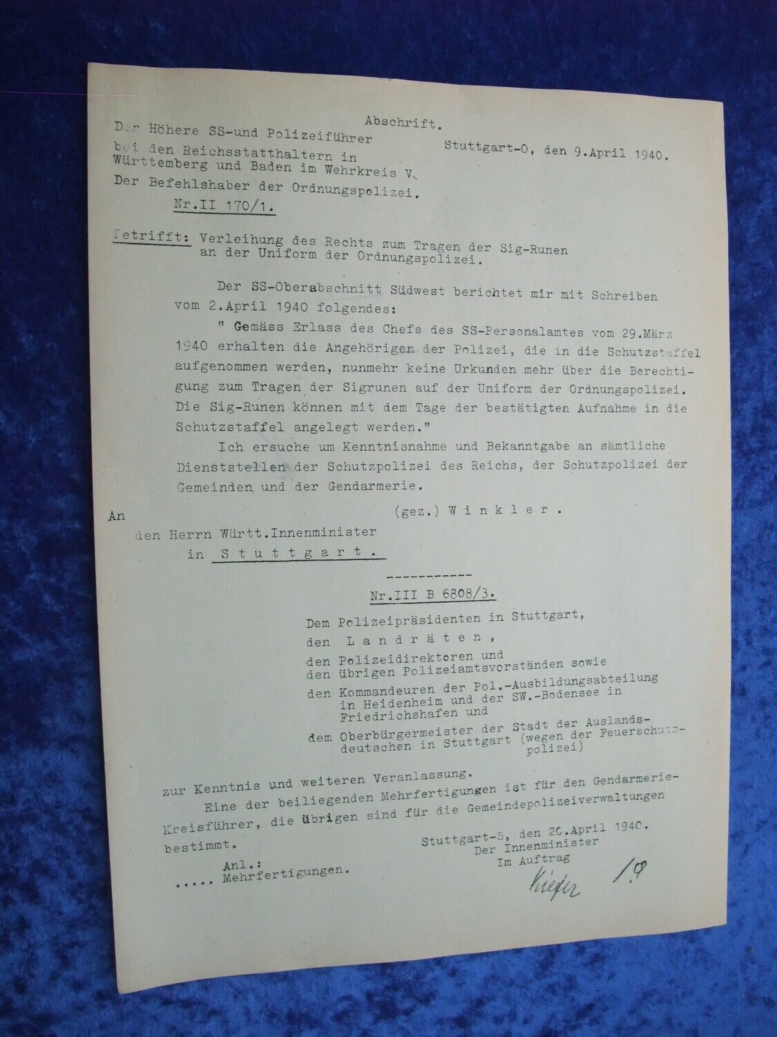 Verfügung über das Tragerecht der Sig-Rune an der Uniform der Ordnungspolizei Göppingen
