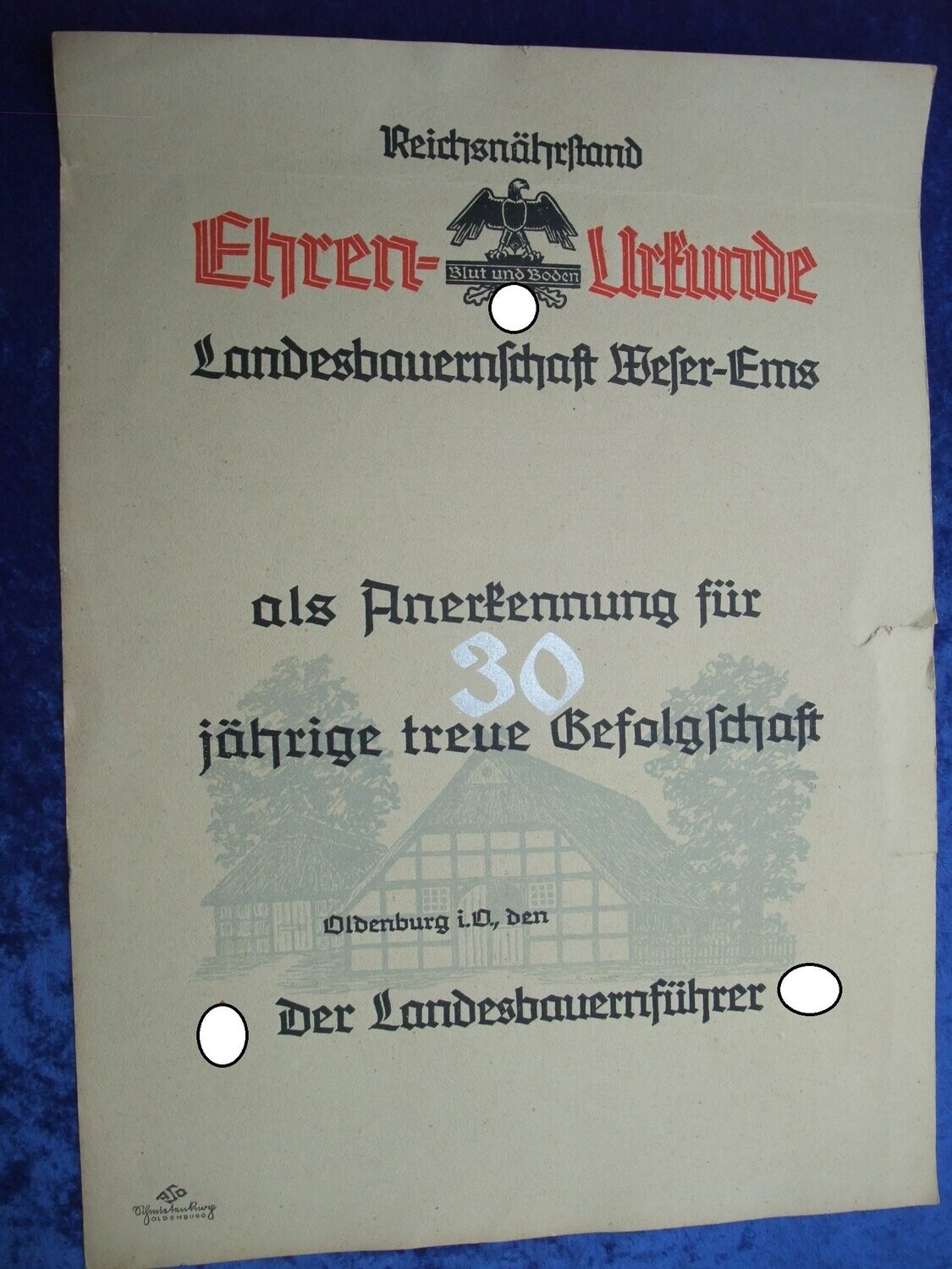 große Schmuckurkunde blanko Reichsnähstand für 30 Jahre Gefolgschaft Oldenburg