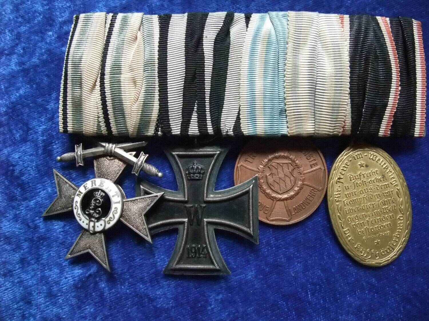 Bayern 4-er Spange mit MVK 2. Klasse Herst. G.H., EK2 1914, Medaille Reservelandwehr und Kyffhäuser