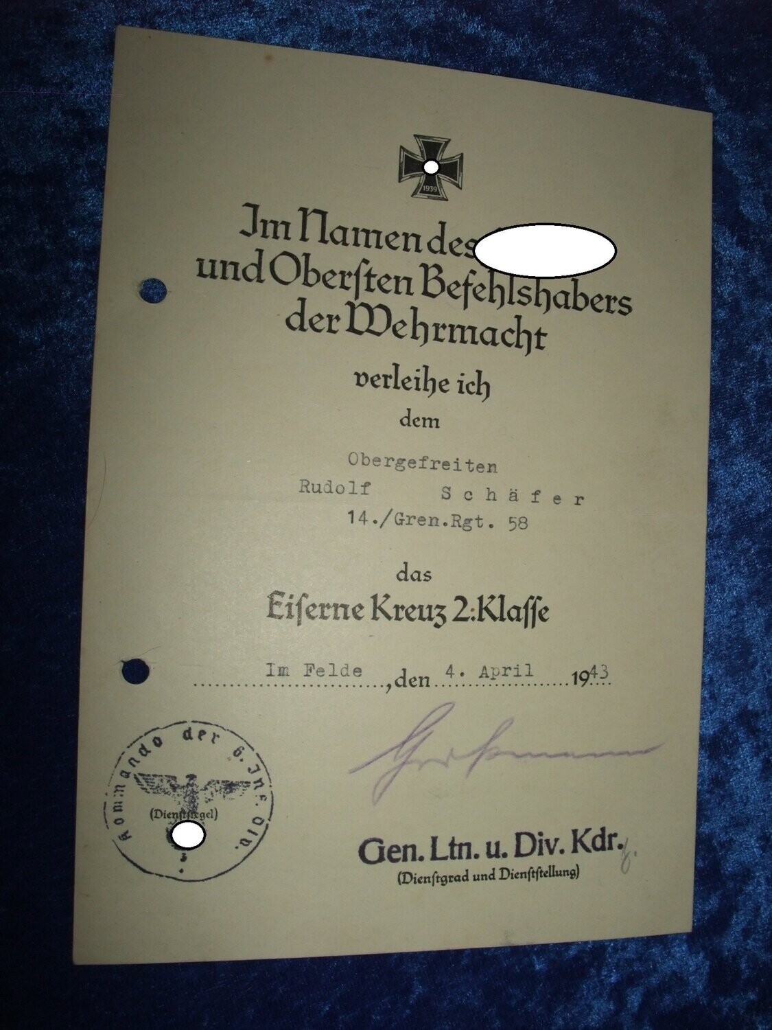 Urkundennachlass Grenadier Regiment 58
