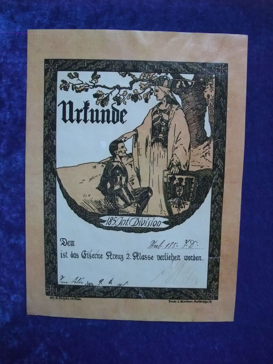 Urkunde Eisernes Kreuz 2. Klasse 1914, Verleihungsurkunde der 185.Inf.-Division