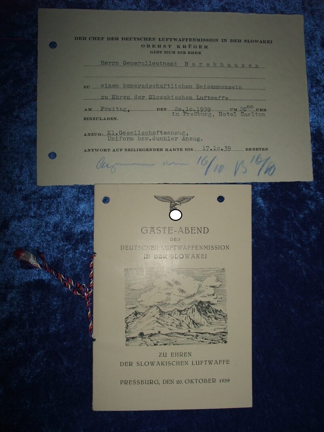 Einladung und Programmheft der Deutschen Luftwaffenmission in der Slowakei für Generalleutnant Barckhausen