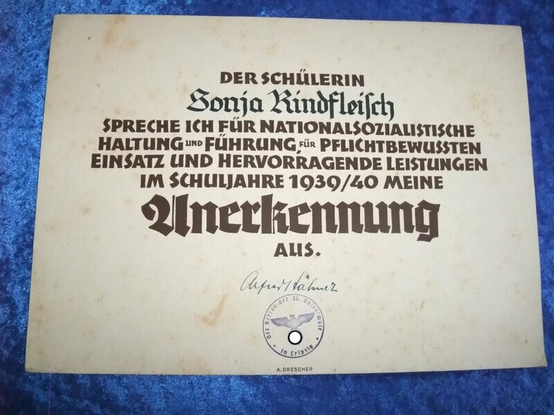 Anerkennungsurkunde für eine Schülerin 1940 Leipzig