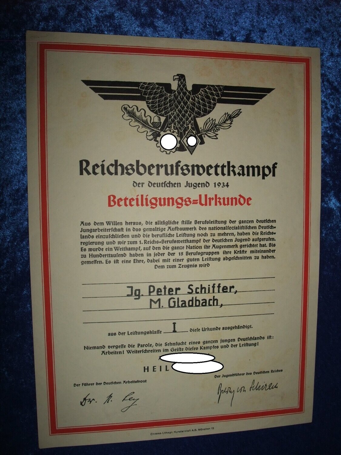 Urkunde Reichsberufswettkampf 1934 Beteilugungsurkunde