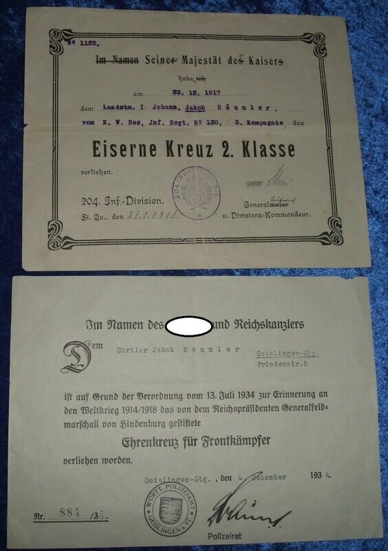 Urkunde Eisernes Kreuz EK 2 + Ehrenkreuz für Frontkämpfer. EK2 Ukrunde von der 204. Infanteriedivision mit Originalunterschrift General Hermann von Stein Pour le Mérite mit Eichenlaub Urkunde Eisernes Kreuz EK 2 + Ehrenkreuz für Frontkämpfer. EK2 Ukrunde von der 204. Infanteriedivision mit Originalunterschrift General Hermann von Stein Pour le Mérite mit Eichenlaub