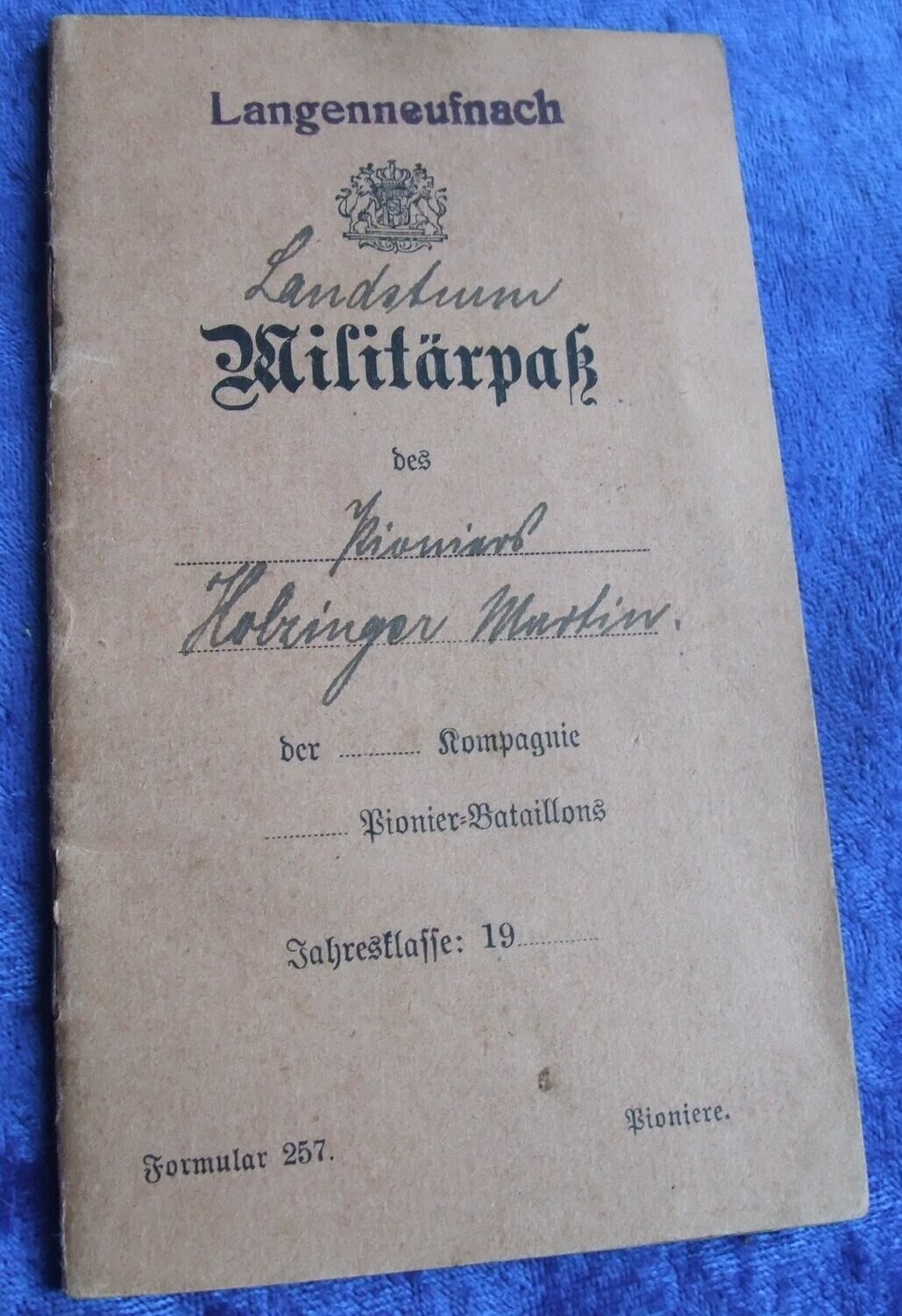 Militärpass Bayern Landsturm Pionier Ersatzkompanie, Technisches Betriebs Bataillon