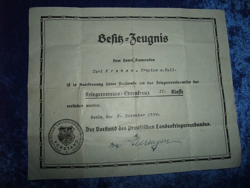 Preussen Urkunde Kriegervereins-Ehrenzeichen 2. Klasse