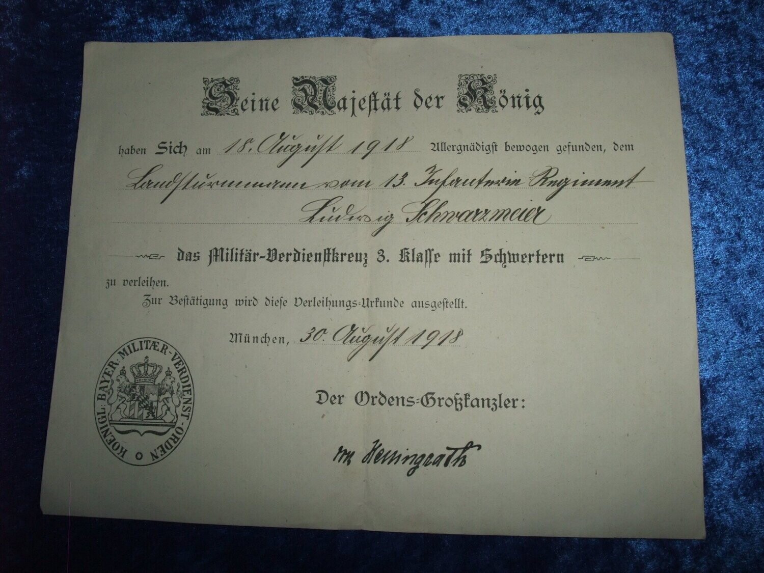 Bayern Urkunde Militärverdienstkreuz 3. Klasse mit Schwertern
