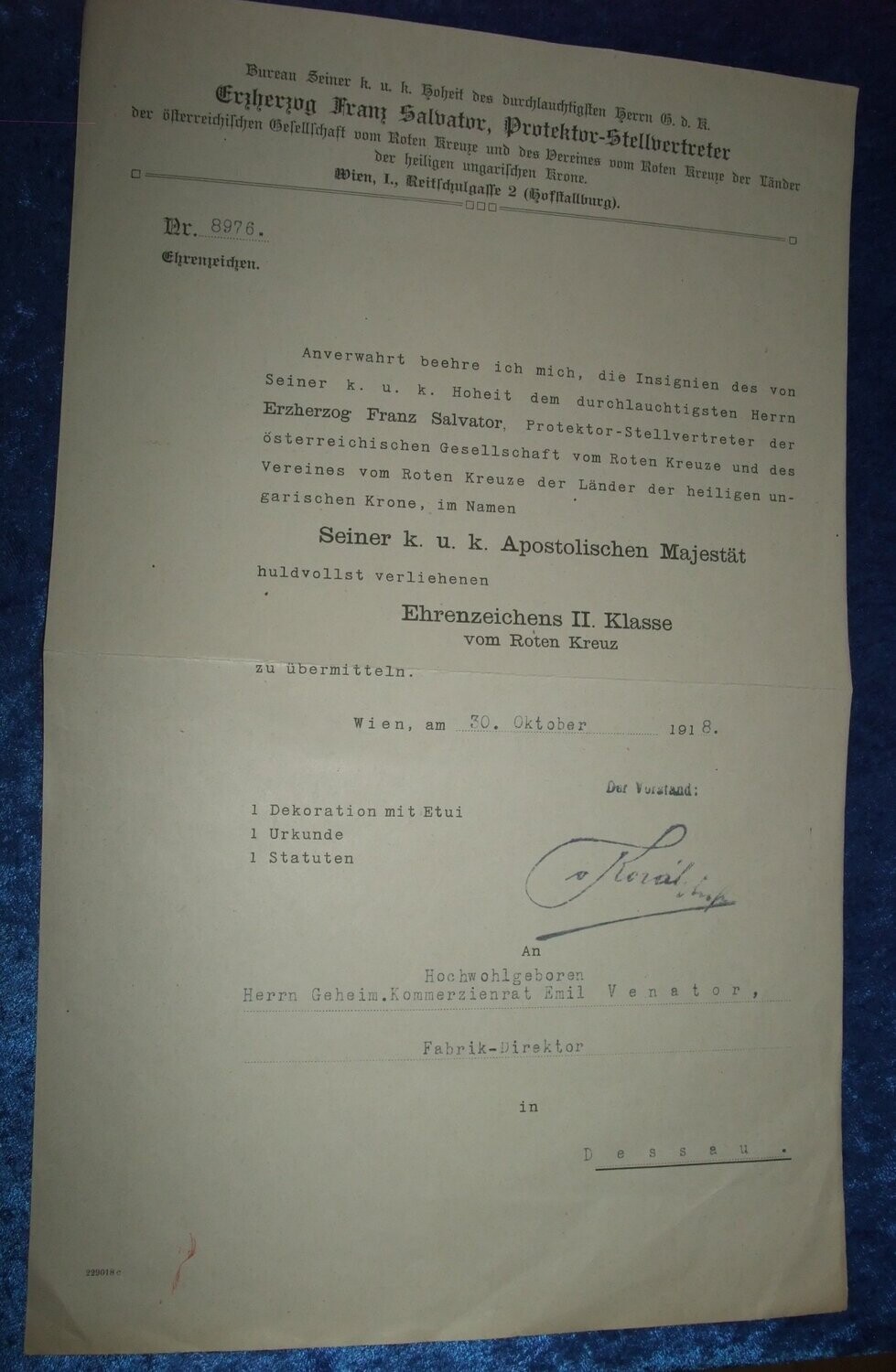 Österreich Übersendungsschreiben zum Ehrenzeichen 2. Klasse vom Roten Kreuz