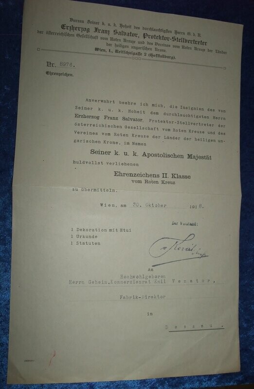 Österreich Übersendungsschreiben zum Ehrenzeichen 2. Klasse vom Roten Kreuz