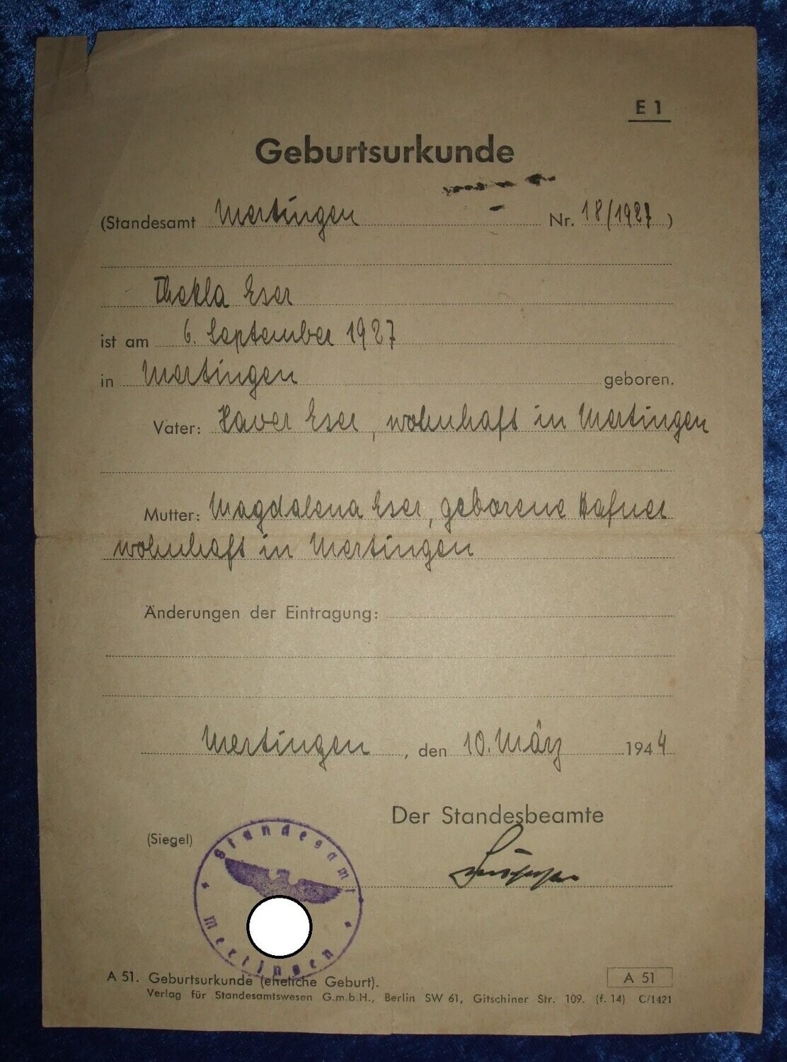 Gerburtsurkunde Mertingen Bayern 1944