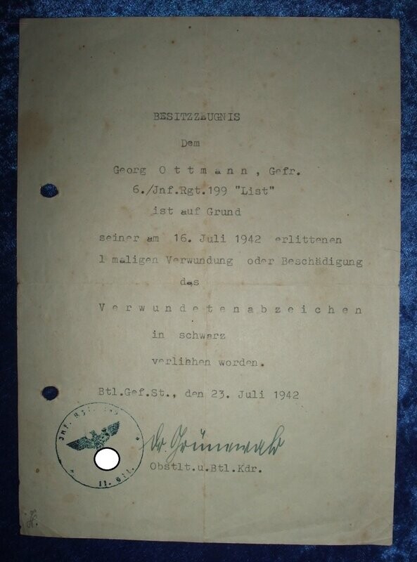 Besitzzeugnis VWA schwarz Infanterieregiment 199 Besitzzeugnis VWA schwarz Infanterieregiment 199 "List" mit OU Oberstleutnant Dr. Theodor Grünewald Bataillonskommandeur des II. Bataillons