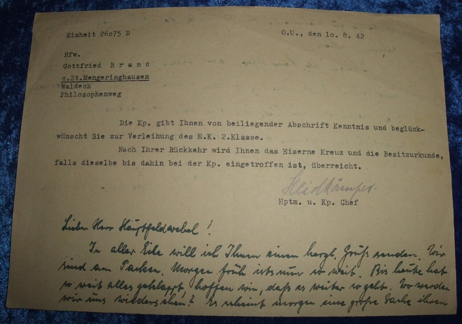Wehrmacht Glückwunschschreiben zur Verleihung des EK 2 an einen Hauptfeldwebel im Infanterieregiment 205.