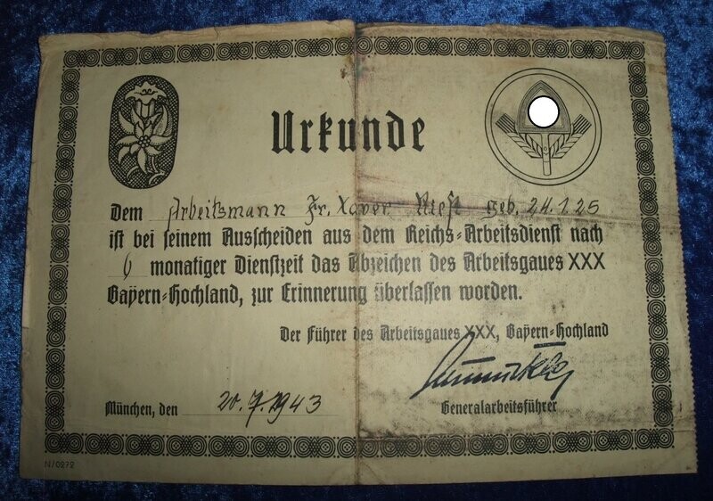 RAD: Verleihungsurkunde für das Abzeichen Arbeitsgau XXX Bayern-Hochland