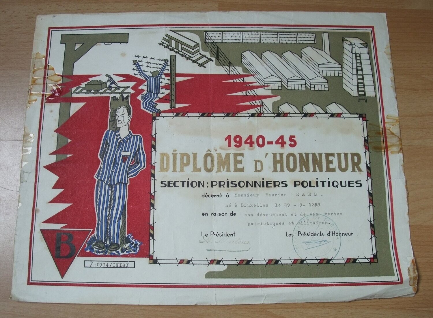 Belgien: Urkunde Diplome d´Honeur 1940-45. Anerkennung für überlebende politisch Gefangene und Widerstandskämpfer des Lagers Fort Breendonk, nahe Antwerpen in Belgien.