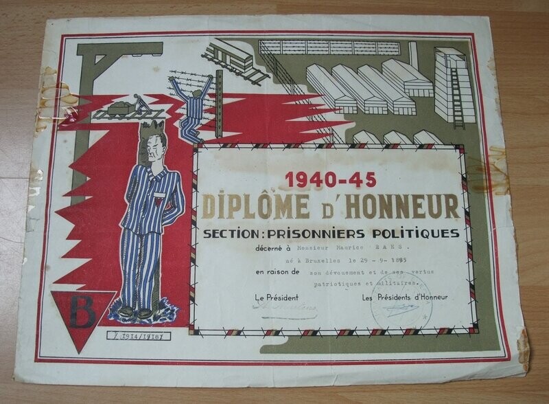 Belgien: Urkunde Diplome d´Honeur 1940-45. Anerkennung für überlebende politisch Gefangene und Widerstandskämpfer des Lagers Fort Breendonk, nahe Antwerpen in Belgien. Belgien: Urkunde Diplome d´Honeur 1940-45. Anerkennung für überlebende politisch Gefangene und Widerstandskämpfer des Lagers Fort Breendonk, nahe Antwerpen in Belgien.