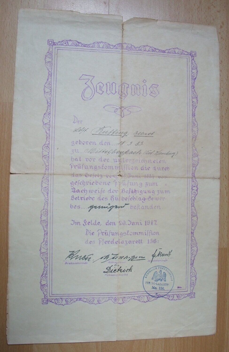 Preussen: Urklunde / Zeugnis für einen Hufschmied als "Nachweis der Befähigung zum Betriebe des Hufschlag-Gewerbes" im Pferdelazarett 156 No. 156 von 1917.