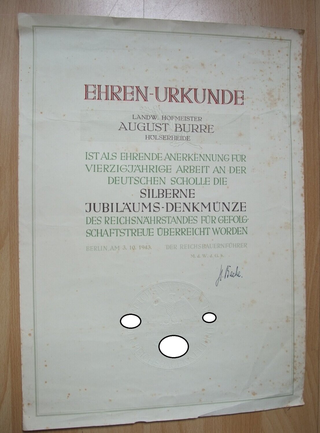 Reichsnährstand: Großformatige Ehrenurkunde für die silberne Jubiläums-Denkmünze des Reichsnährstandes mit Originalunterschrift Herbert Friedrich Wilhelm Backe.