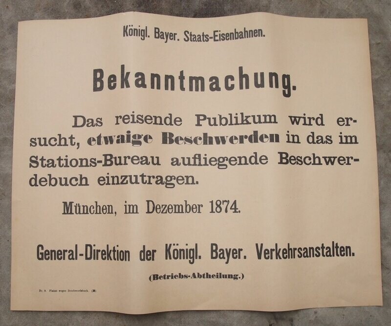 Bayern: Eisenbahn, Königl. Bayer. Staats-Eisenbahnen, Plakat München 1874.
