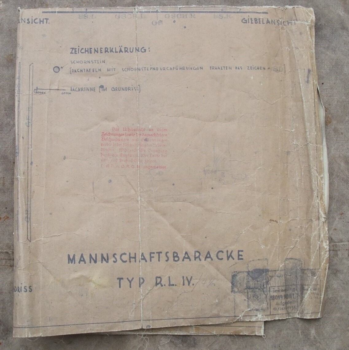 Reichsarbeitsdienst: Bauplan für eine Mannschaftsbaracke Typ R.L. IV. von 1934, verschickt als Expressgut von Nürtingen nach Steinheim / Murr in Württemberg.