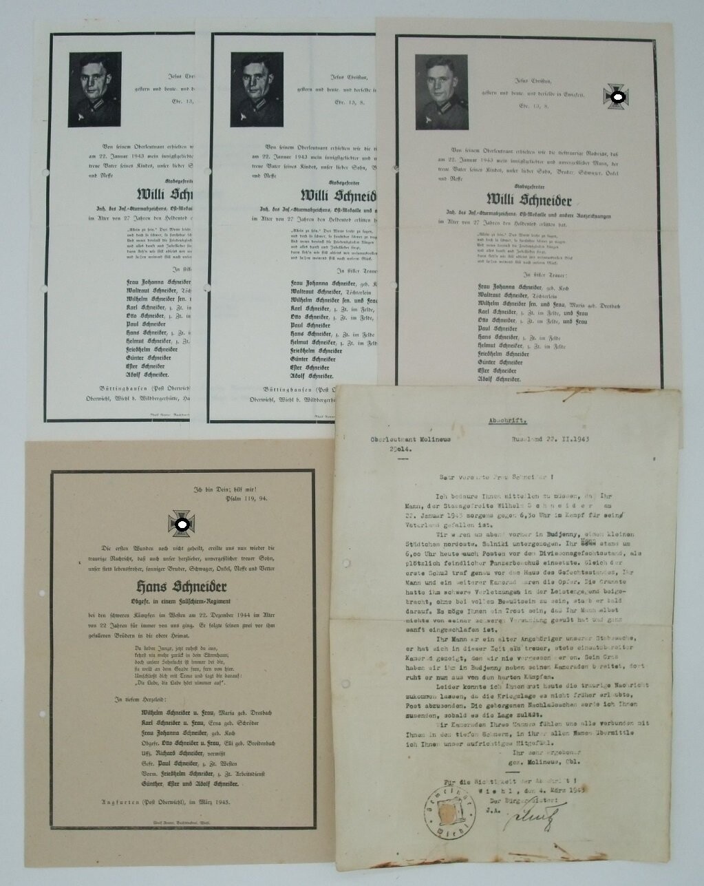 Wehrmacht: Nachlass von 2 gefallenen Brüdern, großformatige Todesanzeigen, Infanterie Russland 1943 mit Auszeichnungen und Fallschirmjäger 1944 Westfront.