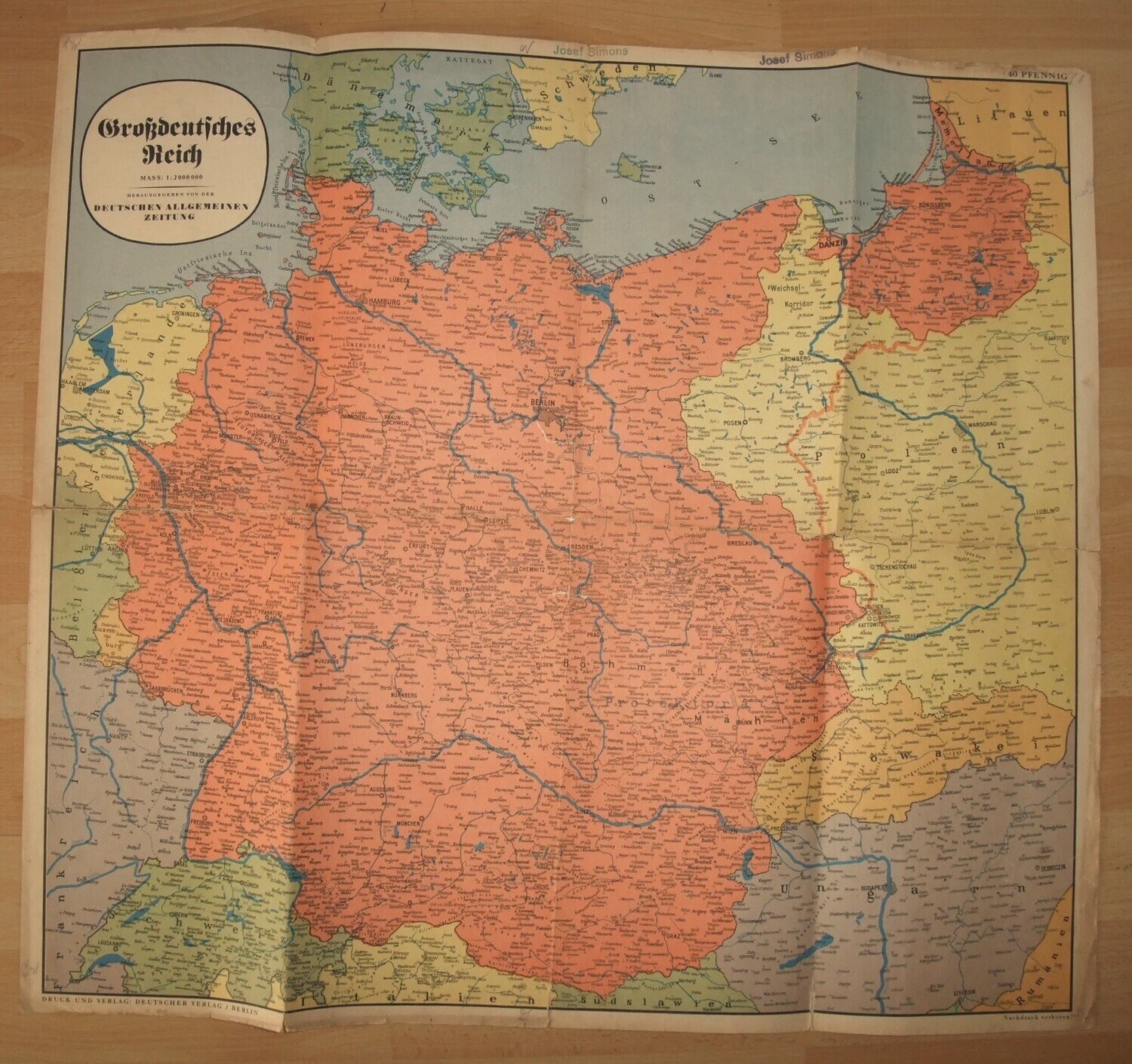 3. Reich: Plakat / Karte "Großdeutsches Reich", 1939, Größe 57 x 63,5 cm.