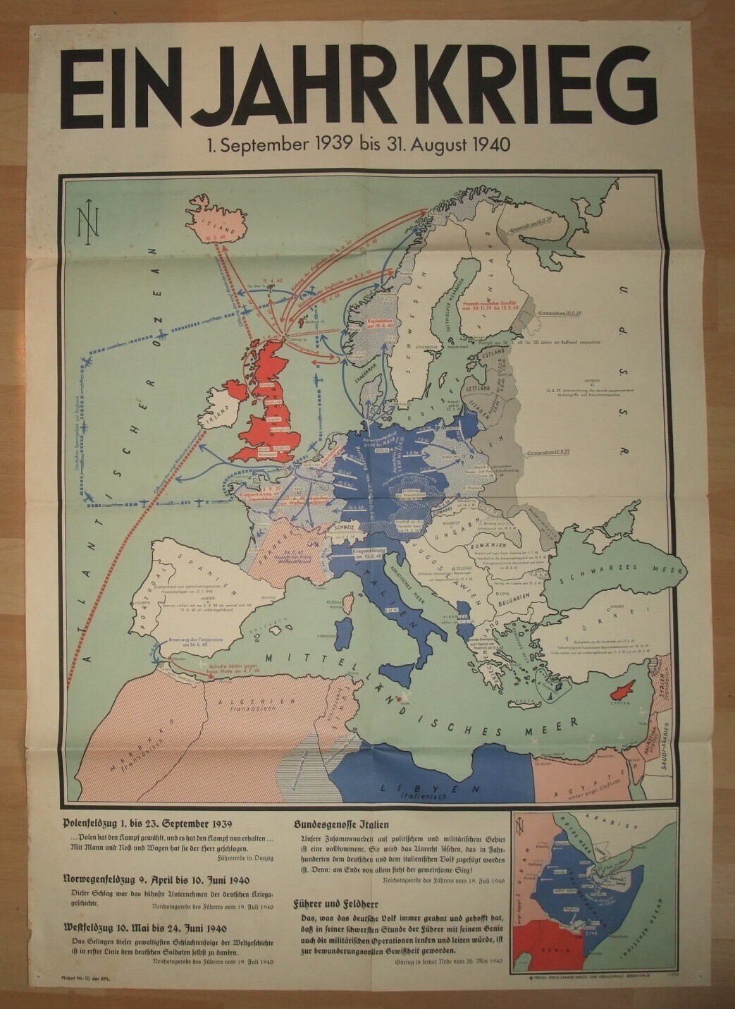 3. Reich: Plakat "Ein Jahr Krieg - 1. September 1939 bis 31. August 1940", Größe 84 x 59 cm.