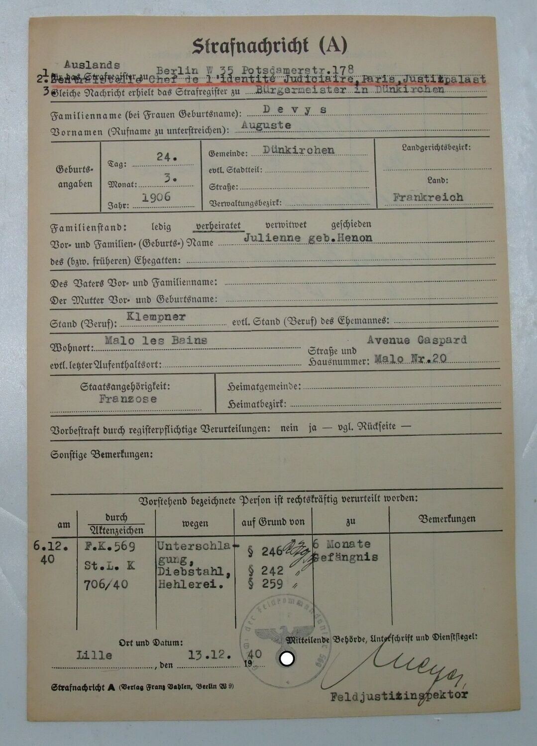 3. Reich: Strafnachricht aus dem besetzten Frankreich, Dünkirchen 1940, Malo Les Bains, OU Feldjustizinspektor.