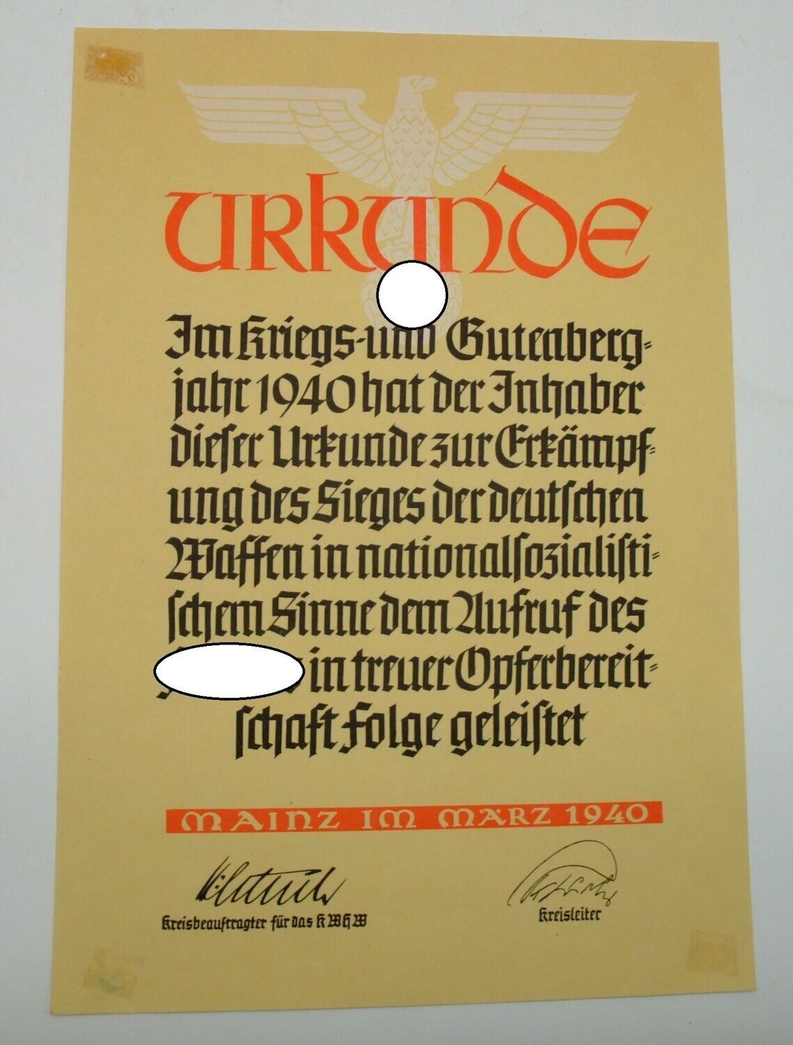 NSDAP: Schmuck-Urkunde mit Widmung, Mainz 1940, Größe DIN A4.