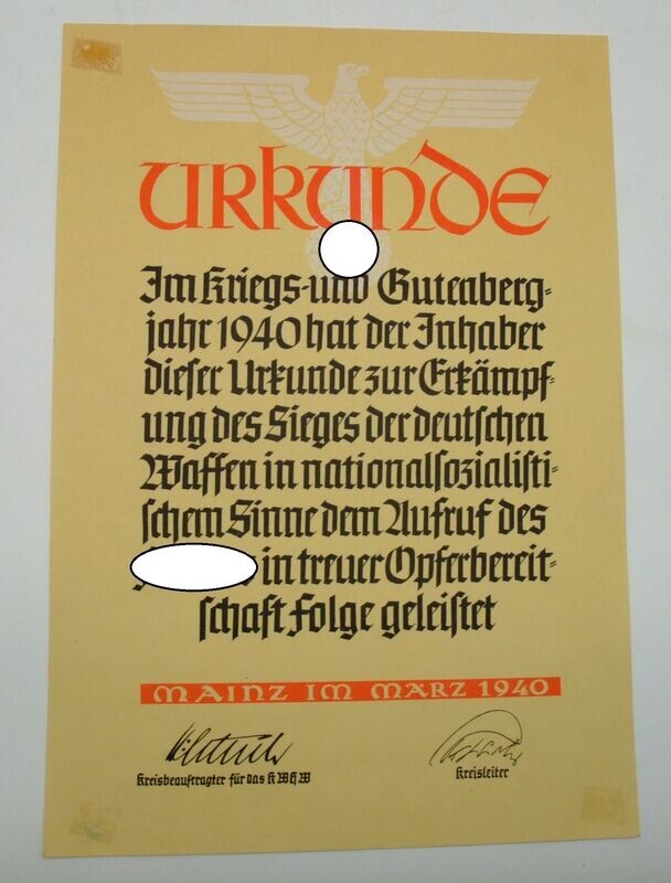 NSDAP: Schmuck-Urkunde mit Widmung, Mainz 1940, Größe DIN A4.