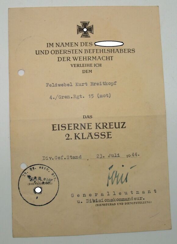 Wehrmacht: Urkunde zum Eisernen Kreuz 2. Klasse für einen Feldwebel im Grenadier-Regiment 15 (mot), Italien 1944, OU Generalleutnant Walter Fries (RK, EL, X, DKiG.). Wehrmacht: Urkunde zum Eisernen Kreuz 2. Klasse für einen Feldwebel im Grenadier-Regiment 15 (mot), Italien 1944, OU Generalleutnant Walter Fries (RK, EL, X, DKiG.).