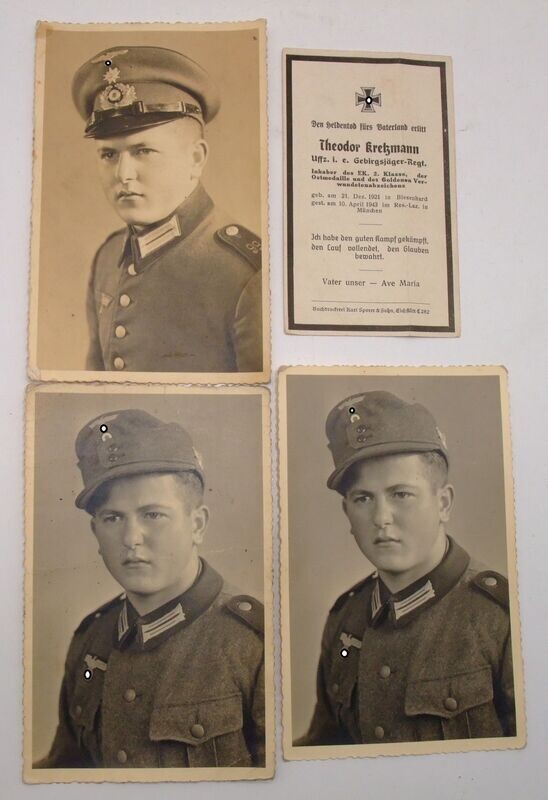 Wehrmacht: 3x Portraitfoto Gebirgsjäger-Regiment 99, PK-Größe, dazu das Sterbebild mit Auszeichnungen VWA Gold, EK2, WiO. Wehrmacht: 3x Portraitfoto Gebirgsjäger-Regiment 99, PK-Größe, dazu das Sterbebild mit Auszeichnungen VWA Gold, EK2, WiO.