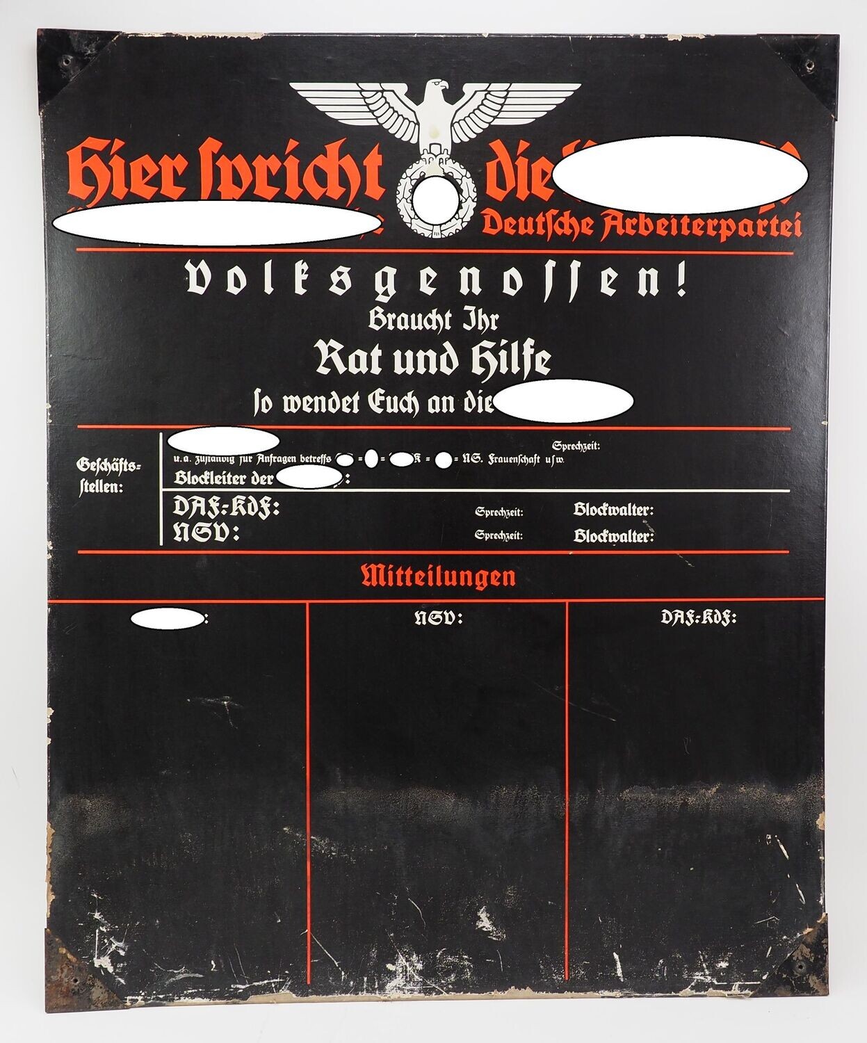 Haustafel "Hier spricht die NSDAP", Karton-Ausführung, dicke Pappe, für Innenräume, rückseitig Verwendungshinweis für die Haustafel, Hersteller RZM M3/73, im Gegensatz zum Emailleschild sehr selten.