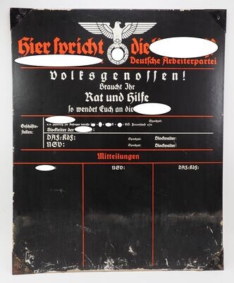 Haustafel "Hier spricht die NSDAP", Karton-Ausführung, dicke Pappe, für Innenräume, rückseitig Verwendungshinweis für die Haustafel,
Hersteller RZM M3/73, im Gegensatz zum Emailleschild sehr selten.