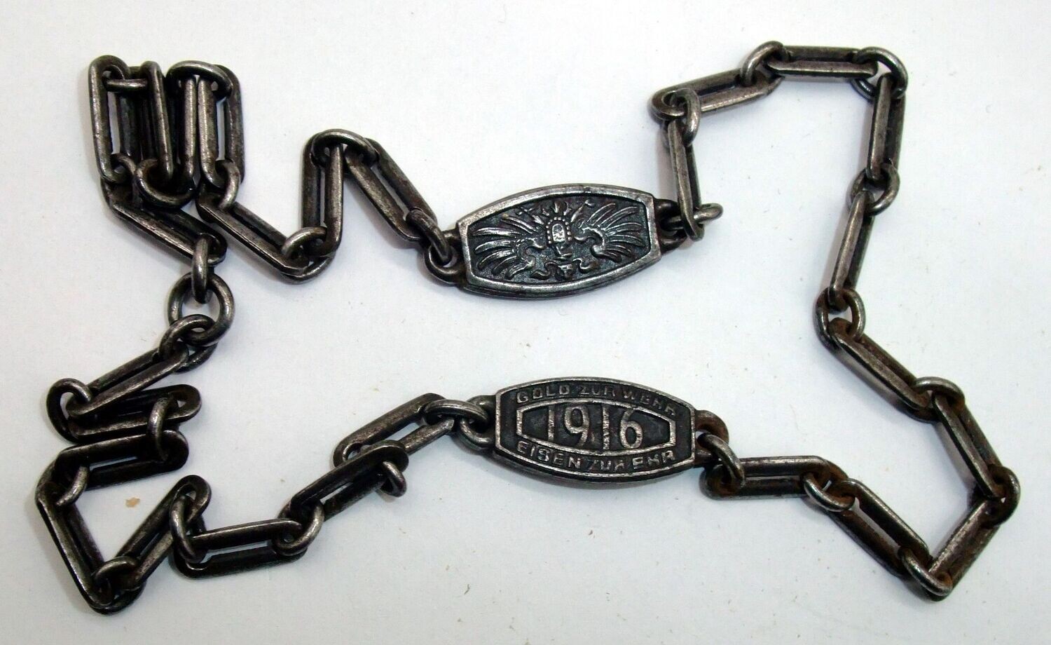 Patriotische Uhrenkette für Taschenuhr "Gold zur Wehr, Eisen zur Ehr - 1916" - 1. Weltkrieg.