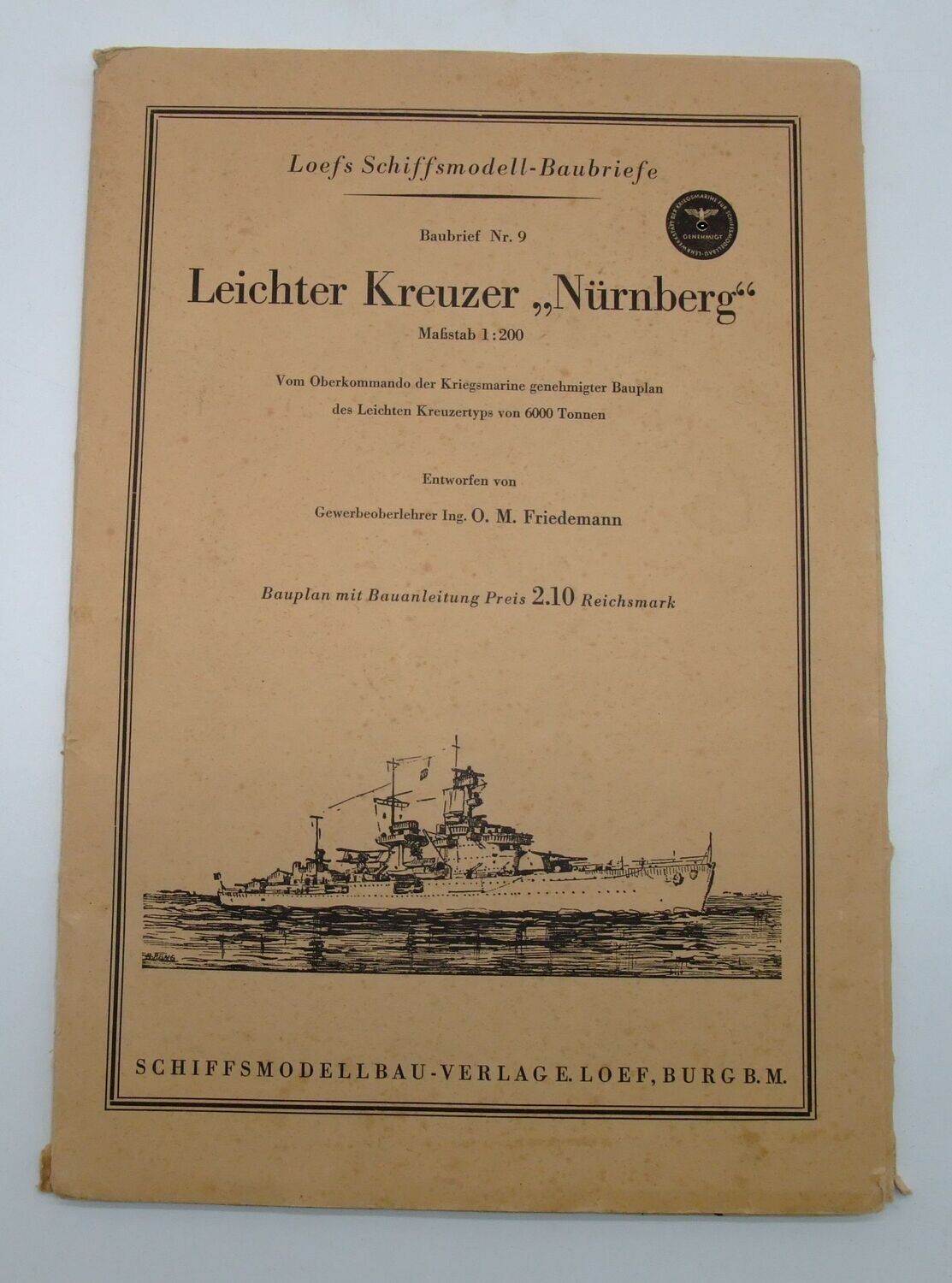 3. Reich Bauplan für Modellschiff "Loef´s Schiffsmodell-Baubfriefe - Leichter Kreuzer Nürnberg - 1941", vollständiges Set.