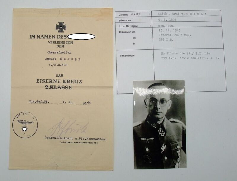 Wehrmacht: Urkunde zum Eisernen Kreuz 2. Klasse für einen Obergefreiten im Grenadier-Regiment 528, 1944, OU Generalleutnant Ralph Graf von Oriola (RK, DKiG.). Wehrmacht: Urkunde zum Eisernen Kreuz 2. Klasse für einen Obergefreiten im Grenadier-Regiment 528, 1944, OU Generalleutnant Ralph Graf von Oriola (RK, DKiG.).