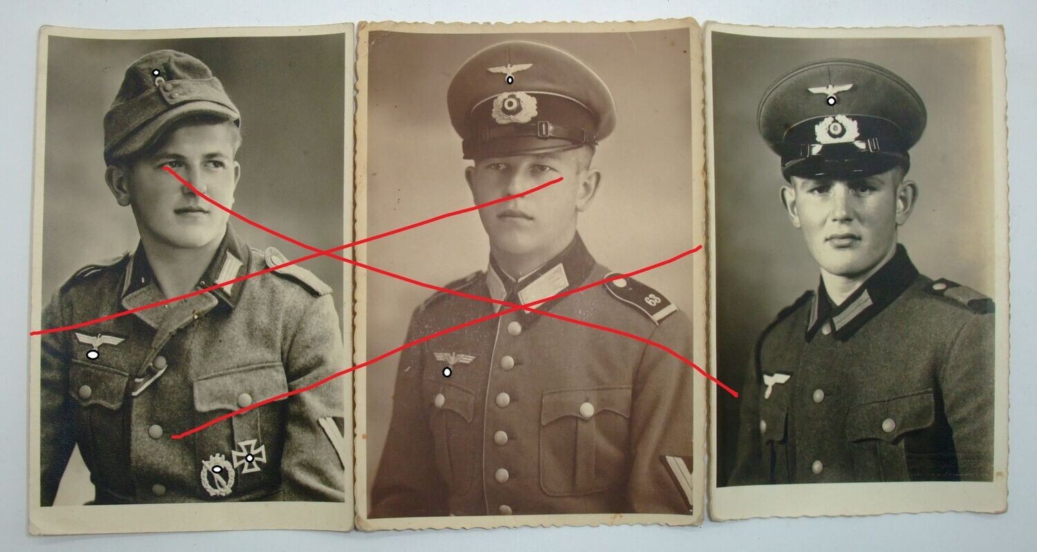 Wehrmacht: 3 Portrait-Fotos eines Angehörigen des Infanterie-Regiments 63, Orden EK1, EK2, Infanterie-Sturmabzeichen, jeweils PK-Größe.