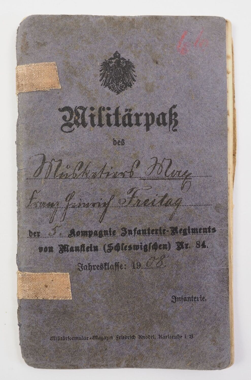Preussen: Militärpass Infanterie-Regiment „von Manstein“ (Schleswigsches) Nr. 84, Hadersleben, Gefechtskalender Westfront: Mechelen, Noyon, Flandern etc., Orden: EK.