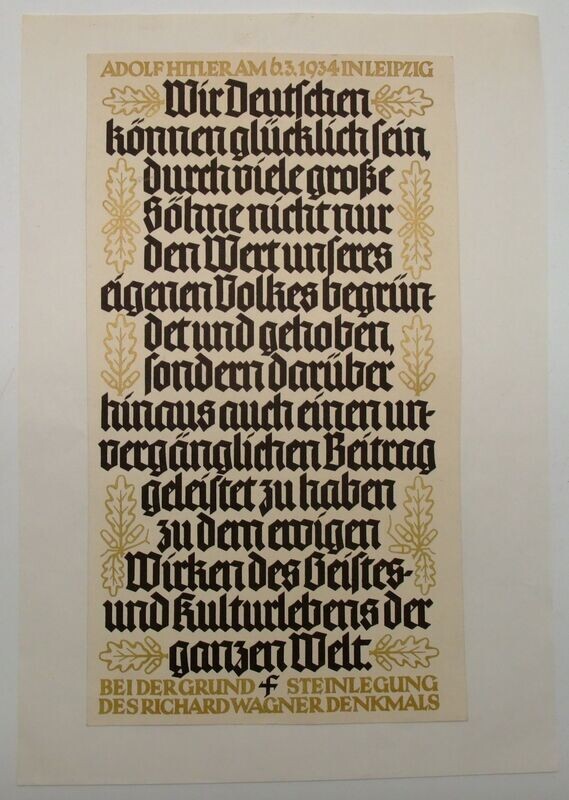 NSDAP: Wochenspruch Plakat, Zitat Adolf H. bei der Grundsteinlegung des Richard Wagner Denkmals in Leipzig, Größe auf DIN A4 geklebt. NSDAP: Wochenspruch Plakat, Zitat Adolf H. bei der Grundsteinlegung des Richard Wagner Denkmals in Leipzig, Größe auf DIN A4 geklebt.